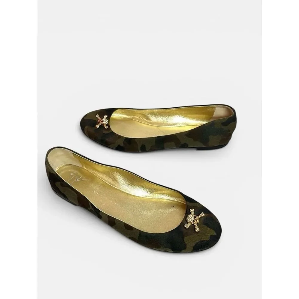 Giuseppe Zanotti Green Camouflage Canvas Crystal Skull Ballet Flats Size 40 US10